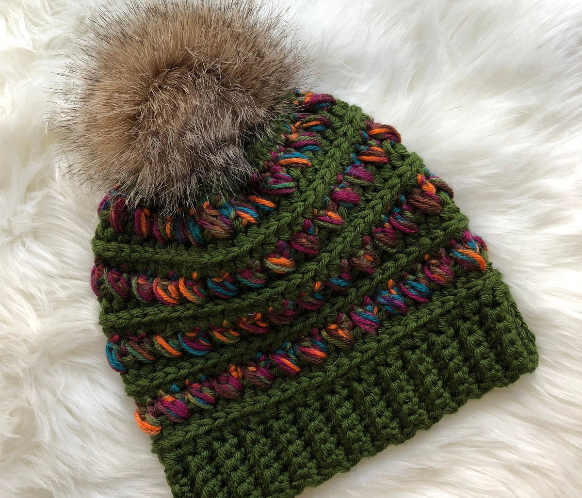 Cozy Ridge Stripe Beanie finished crochet detail