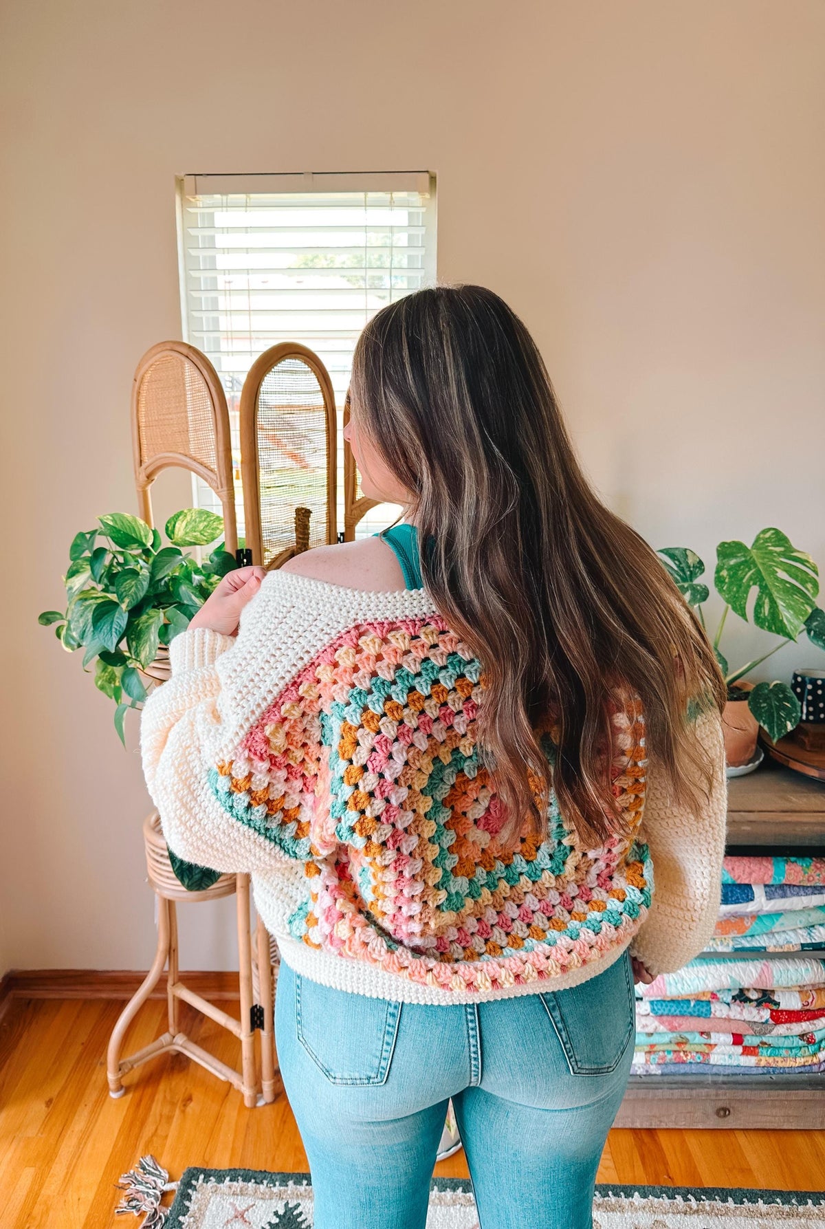 Rainbow Patch Granny Cardigan worn, showing granny-square back and sleeves