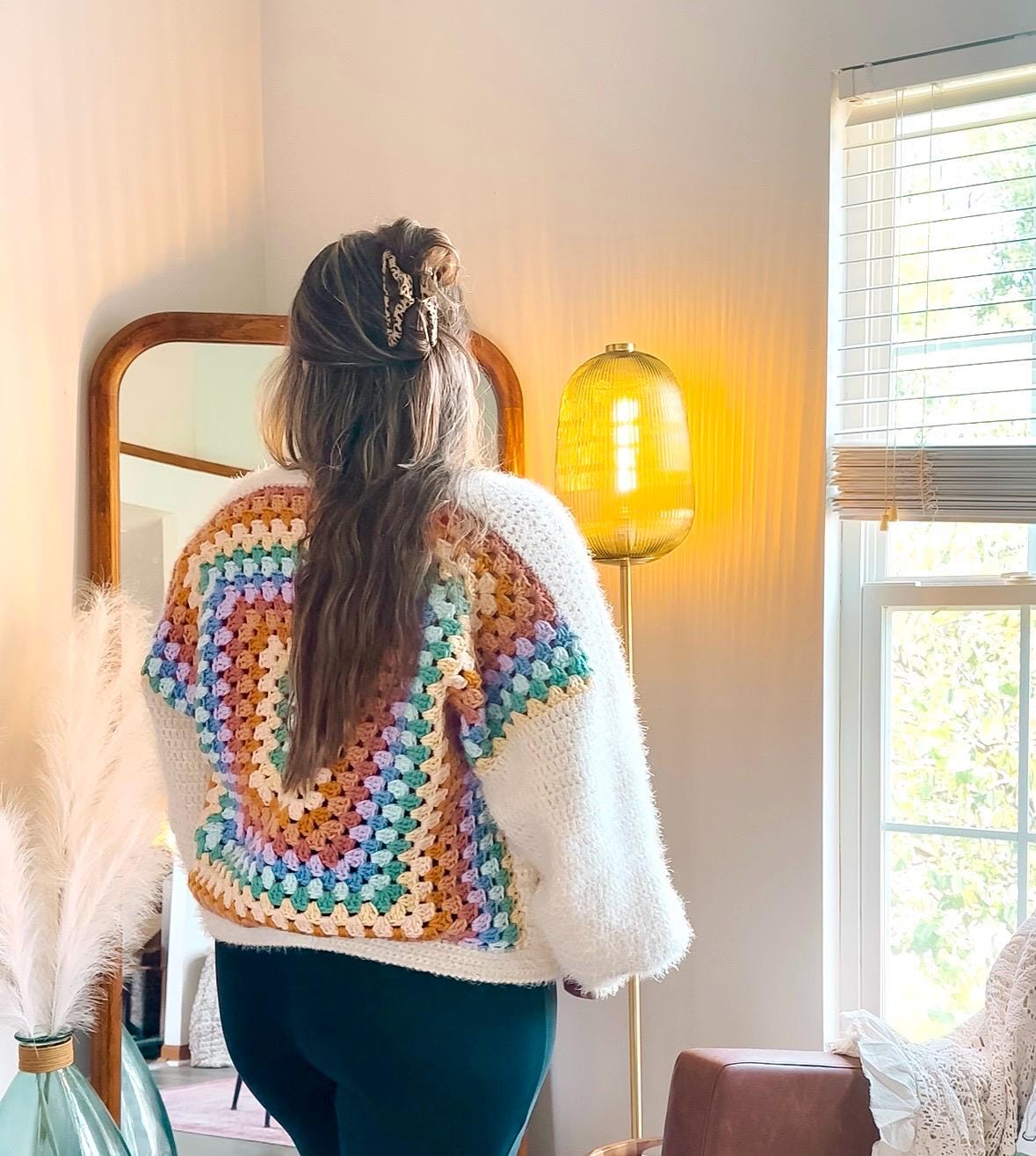 Rainbow Patch Granny Cardigan worn, showing granny-square back and sleeves