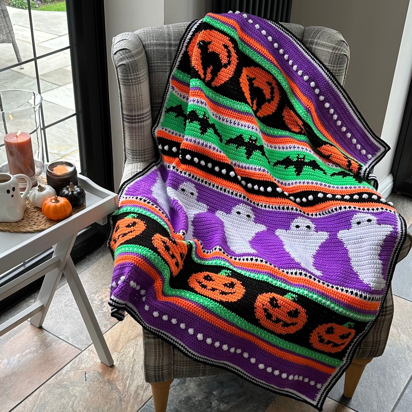 Midnight Spells Blanket Crochet Pattern - Halloween throw with ghosts, bats and pumpkins